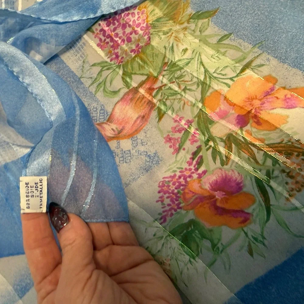 Vintage Blue Floral Bird Sheer Scarf 33x33 Metallic Stripe‎ Square